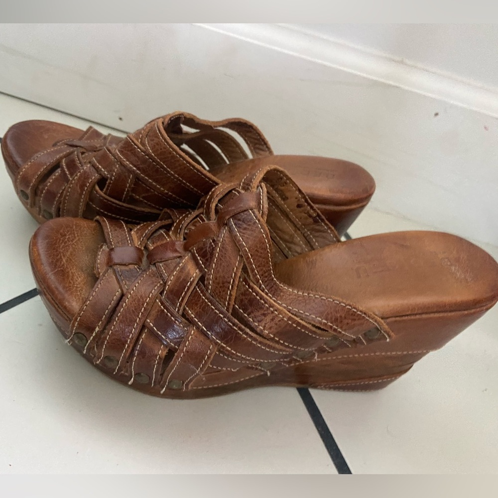 Bed Stu Chestnut Brown Woven Leather Wedge Mules